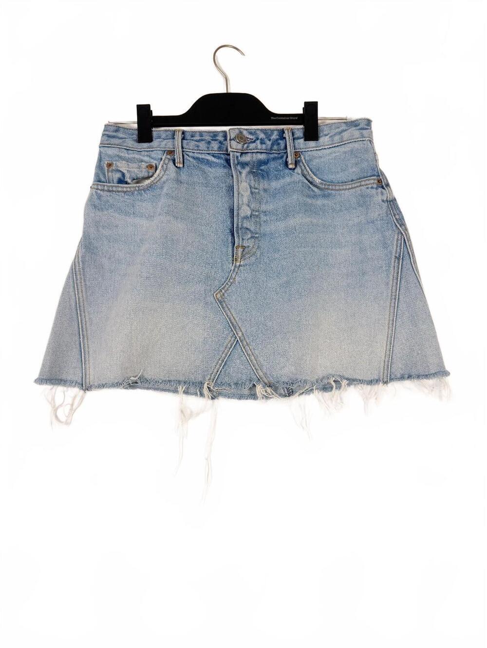 GRLFRND Eva High Rise Button Fly Distressed Denim Mini‎ Skirt Women's 28